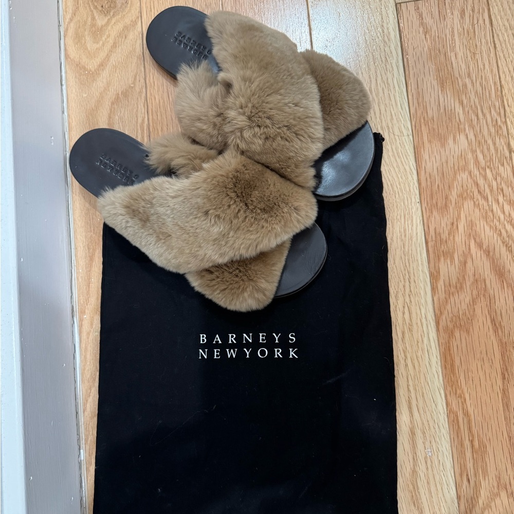 Barneys New York Tan Fur Slides